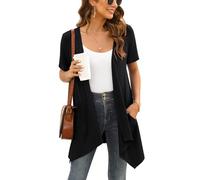 Wiwclo Trendy Lightweight Summer Cardigan Casual Soft Draped Open Front Short Sleeve Cardigans for Women with Pockets High Low Hem 2024,Black,Small