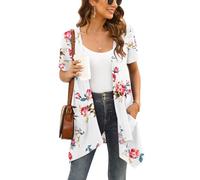 Wiwclo Veryoung Lightweight Summer Short Sleeve Off White Floral Cardigan for Women Open Front Kimono Beach Cover Up with Pockets Jackets Top Drape Hem,L