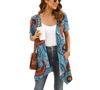 Wiwclo Veryoung Short Sleeve Blue Floral Cardigan for Women Lightweight Summer Open Front Kimono Cardigans with Pockets Duster Jacket Top Drape Hem,2XL