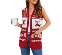 Wiwclo Veryoung Women Plus Size Christmas Red Sleeveless Cardigan Sweaters Open Front Jacket Fashion Casual Soft Knit Office Duster Vest with Cozy Pocket,3XL