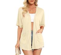Wiwclo Veryoung Womens Apricot Plus Size Short Sleeve Kimono Cardigans V Neck Open Front Lightweight Summer Cardigan Casual Beach Cover Up Curved Hem with Pockets,3XL