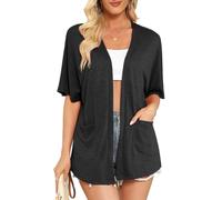 Wiwclo Veryoung Womens Black Short Sleeve Kimono Cardigans 2026 Lightweight Summer Cardigan Casual Loose Fit Beach Cover Up Curved Hem with Pockets,Black,L