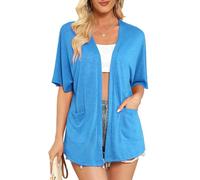 Wiwclo Veryoung Womens Blue Short Sleeve Kimono Cardigans 2026 Lightweight Summer Cardigan Casual Loose Fit Beach Cover Up Curved Hem with Pockets,Blue,M