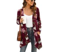Wiwclo Veryoung Women's Lightweight Cardigan Casual Soft Long Sleeve Floral Knit Cardigans with Pockets High Low Hem Draped Duster,Flower Wine Red,Small