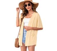 Wiwclo Womens Apricot Plus Size Short Sleeve Kimono Cardigans V Neck Open Front Lightweight Summer Cardigan Casual Beach Cover Up Curved Hem with Pockets,XL