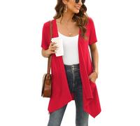 Wiwclo Womens Red Short Sleeve Cardigan Open Front Lightweight Summer Cardigan Kimono Casual Soft Draped Vest with Pockets High Low Hem 2024,XL
