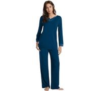 WiWi Weiche Bambus-Pyjama-Sets für Damen, langärmelig, Nachtwäsche, geschnürt, V-Ausschnitt, Oberteil mit Hose, Übergröße, Loungewear, S-4X, A-ink blau, XL