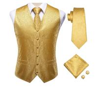 WJLYDM Luxus Gold Herren Weste Seide Krawatte Einstecktuch Manschettenknöpfe Set Jacquard Floral Ärmellose Jacke for Männliche Hochzeit(2XL)