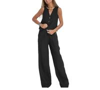 Wjnvfioo Damen-Anzugwesten-Set, stilvolle Baumwolle, Leinen, ärmellos, weites Bein, Hose, Set, Büro, Freizeitkleidung, Schwarz , Large