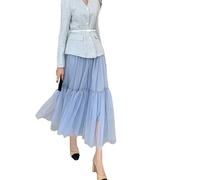 Wjnvfioo Damen Mesh A-Linie Stufenrock Frühling Sommer Elastische Hohe Taille Langer Tüllrock, blau, Einheitsgröße