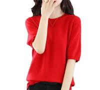 Wjnvfioo Damen-T-Shirt, kurzärmelig, Rundhalsausschnitt, Strick, halbe Ärmel, lockeres Hemd, Fünf-Ärmel, Kaschmir-Strick-Sweatshirt, rot, X-Large
