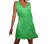 WKAYsIV Fransenkleid, Damen Fransenkleid Gold - 70er Jahre Disco Outfit, 20er Jahre Minikleid, Ärmellos, Schulterfrei, Für Party, Karneval, Festival (Green, M)