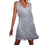 WKAYsIV Fransenkleid, Damen Fransenkleid Gold - 70er Jahre Disco Outfit, 20er Jahre Minikleid, Ärmellos, Schulterfrei, Für Party, Karneval, Festival (Grey, XL)