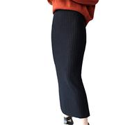 wkd-thvb Herbst Winter Wollröcke Schlanker Gürtel Büro Lang Midi Rock Bleistiftrock Gestrickter Wollrock Schwarz, Schwarz , 48