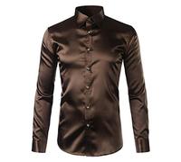 wkd-thvb Satin-Hemd für Herren, Unterhemd, leger, langärmelig, schmale Passform, Herrenhemden, Business-, Hochzeits- und Herrenhemd, coffee, L