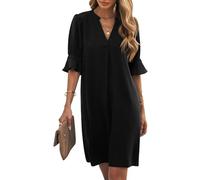 Wkior Etuikleid für Damen, V-Ausschnitt, Kurze Ärmel, einfarbig, fließend, lässig, Sommerkleider (S-2XL), A-Schwarz, Klein