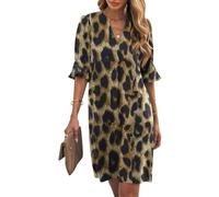 Wkior Etuikleid für Damen, V-Ausschnitt, kurze Ärmel, einfarbig, lässige Sommerkleider (S-2XL), C2-Leopard, X-Groß