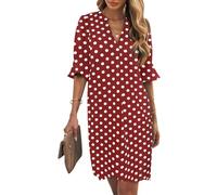 Wkior Shift Dress für Damen, V-Ausschnitt, kurze Ärmel, einfarbig, lässig, fließende Sommerkleider (S-2XL), Rot mit Punkten, Mittel