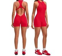WKZSXXMJ Rückenfreier Catsuit für Damen,Einteiler mit Reißverschluss Vorne,Yoga-Overall,Sport,Athletischer Strampler(Red,S)