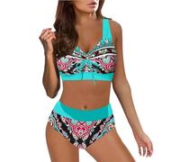 WLIHDB Damen-Badeanzüge, große Brüste, elastisch, hohe Taille, Bikinis, sexy Push-Up, Zweiteiliger Badeanzug, Vintage-Druck für Frauen(Light Green,L)