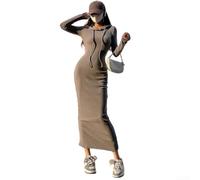 Wlinfetity Polyester Wickelkleid Lang mit Kapuze S-XL | für slim-Fit Schnitt, lange Ärmel, integrierte Kapuze, schwarze Farbe, leicht dehnbares Material