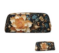 WLKSNBVD Leder-Federmäppchen, großes Fassungsvermögen, ästhetisches Stiftetui, Organizer mit Reißverschluss, tragbar, große goldene Blumen auf schwarzem Stiftebeutel für Damen und Herren