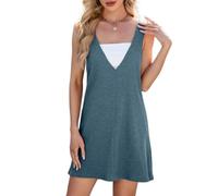 WLLDDDIU Ärmelloses Damen Tankkleid Aus Waffelstrick mit Wendeausschnitt, A Linien Schnitt, Mini Sommerkleid, Lockere Passform, Bequeme Loungewear für Den Sommer, Dunkelblau, Größe L