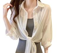 WLLDDDIU Bolero Damen, Chiffon Strickjacken mit Transparentem Shrug Muster für Damen, Stilvolle Bluse Zum Binden Vorne, Bauchfreies Top, 3/4 Ärmel, Button Down Kurze Bolero Jacke, Sommer Strand Ü