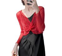WLLDDDIU Bolero Damen, Damen Langarm Bolero, Shrug, Sexy, Durchsichtiges, Gekreuztes Netz, Bauchfreies Top, Lässiges Workout, Armstulpen, Schal, Leicht, Dehnbar, Sommer, Basic Überzug, Rot, M