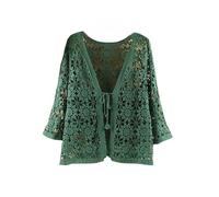 WLLDDDIU Bolero Damen, Damen Strickjacke mit Blumenmuster und Häkelmuster, Zum Binden Vorne, Leicht, Kurze Bolero Jacke mit 3/4 Ärmeln, Elegante Bluse, Bauchfreies Top, Sommer Strandüberzug für