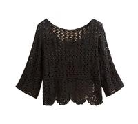 WLLDDDIU Bolero Damen Festlich, Häkel Cardigan für Damen, Lässig, Locker, Hohl, 3/4 Ärmel, Pullover, Elegant, Sommer, Leicht, Strandüberzug, Oberbekleidung für Hosenträgerkleid, Schwarz, XL