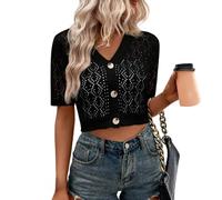 WLLDDDIU Bolero Damen Festlich, Kurzer Bolero Cardigan für Damen mit Knopfleiste, Leicht, Kurzärmlig, Hohl, Gehäkelt, Shrug Jacke, Elegant, Strickpullover, Bauchfreies Top, Sommer Überzug für K