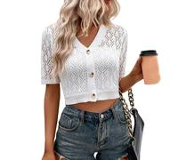 WLLDDDIU Bolero Damen Festlich, Kurzer Bolero Cardigan für Damen mit Knopfleiste, Leicht, Kurzärmlig, Hohl, Gehäkelt, Shrug Jacke, Elegant, Strickpullover, Bauchfreies Top, Sommer Überzug für K