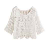 WLLDDDIU Bolero Damen, Gehäkelte Strickjacke für Damen, Lässig, Locker, Hohl, 3/4 Ärmel, Pullover, Elegant, Sommer, Leicht, Strand, Überwurf, Oberbekleidung für Hosenträgerkleid, Weiß, XL