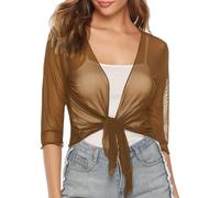 WLLDDDIU Bolero Damen, Transparenter Chiffon Bolero für Damen, Zum Binden Vorne, Kurze Strickjacken, Oberteile, Leichte, Durchsichtige Bolero Jacke mit 3/4 Ärmeln, Sommer Strandüberzüge, Strandm