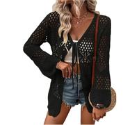 WLLDDDIU Bolero Jacke Damen, Damen Strickjacke mit Hohlem Häkelmuster, Zum Binden, Leicht, Lange Glockenärmel, Strickpullover, Oberteile, Elegante Sommer Strickwaren, Strandüberzug, Oberbekleidun