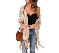 WLLDDDIU Bolero Jacke Damen, Damen Strickjacke mit Offener Vorderseite, Sommer Boleros mit Häkelquaste, Lässige Pullover Oberteile mit 3/4 Ärmeln, mittellang, Leicht, Kimono Überzüge, Aprikose, L