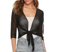 WLLDDDIU Bolero Jacke Damen, Transparenter Chiffon Bolero für Damen, Zum Binden Vorne, Kurze Strickjacken, Oberteile, Leichte, Durchsichtige Bolero Jacke mit 3/4 Ärmeln, Sommer Strandüberzüge, S