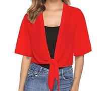 WLLDDDIU Chiffon Cardigan für Damen mit Bindeband Vorne, Kurzärmelig, Transparent, Leichte Bolerojacke, Ideal Als Strandkleid Oder Überwurf für Den Sommer, Rot, XL