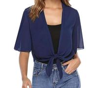 WLLDDDIU Chiffon Cardigan für Damen mit Bindeband Vorne, Kurzärmelig, Transparent, Leichte Bolerojacke, Ideal Als Strandkleid Oder Überwurf für Den Sommer, Marineblau, XL