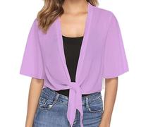 WLLDDDIU Chiffon Cardigan mit Bindeband Vorne, Kurzärmelig, Transparent, Kimono Überwurf, Leichtes, Einfarbiges Crop Top für Sommer, Strand und Alltag, Lila, Größe S