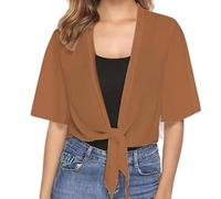 WLLDDDIU Chiffon Cardigan mit Bindeband Vorne, Kurzärmelig, Transparent, Kimono Überwurf, Leichtes, Einfarbiges Crop Top für Sommer, Strand und Alltag, Braun, Größe M