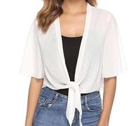 WLLDDDIU Chiffon Cardigan mit Bindeband Vorne, Kurzärmelig, Transparent, Kimono Überwurf, Leichtes, Einfarbiges Crop Top für Sommer, Strand und Alltag, Weiß, Größe S