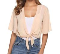 WLLDDDIU Chiffon Cardigan mit Bindeband Vorne, Kurzärmelig, Transparent, Kimono Überwurf, Leichtes, Einfarbiges Crop Top für Sommer, Strand und Alltag, Aprikose, XL