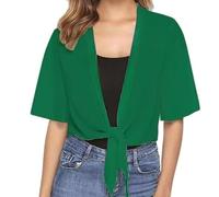 WLLDDDIU Chiffon Cardigan mit Bindeband Vorne, Kurzärmelig, Transparent, Leichte Bolerojacke, Ideal für Strand und Sommer, Grün, XXL