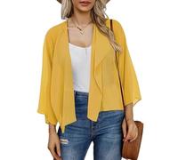 WLLDDDIU Chiffon Kimono Cardigan für Damen, 3/4 Ärmel, Leicht, Vorne Offen, Kurzes Top, Lockere Passform, Transparent, Ideal Als Strand und Freizeit Überwurf für Den Sommer, Größen S XXL, Gelb