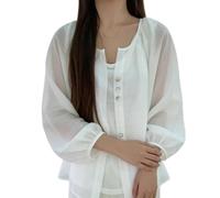 WLLDDDIU Chiffonbluse für Damen, Lässig, mit Puffärmeln und Knopfleiste, Leicht, Transparent, Kurz Geschnitten, Bolero Cardigan, Ideal für Strand, Urlaub und Alltag, Weiß, Größe M