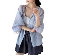 WLLDDDIU Chiffonbluse für Damen, Lässig, mit Puffärmeln und Knopfleiste, Leicht, Transparent, Kurz Geschnitten, Bolero Cardigan, Ideal für Strand, Urlaub und Alltag, Hellblau, Größe S