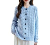 WLLDDDIU Damen 100% Merinowoll Strickjacke Langarm Kabel Strickpullover Top mit Rundhals Button Down Cardigan Pullover Weicher Warmer Herbst Winter Strickbekleidung Blau S