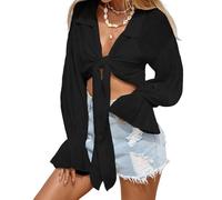 WLLDDDIU Damen Bolero Achselzucken Sommer gerüschte Kurze Strickjacke dünnes Netz Glockenärmel Oberbekleidung Elegante durchsichtige schnürbare Schal Oberteile Kimono Strickjacke Strandmod
